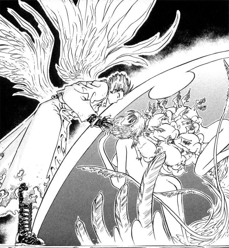 trigun manga panel of vash laying his head against the glass holding another plant